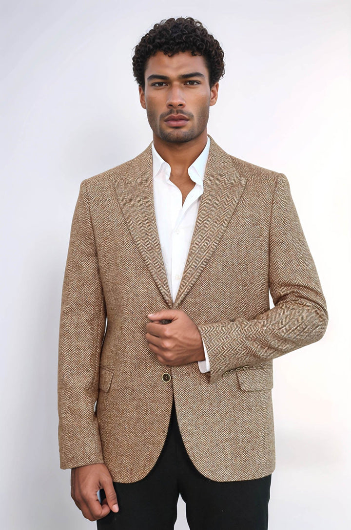 Blazer de hombre en color marrón claro de lana con estampado de pata de gallo - Wessi