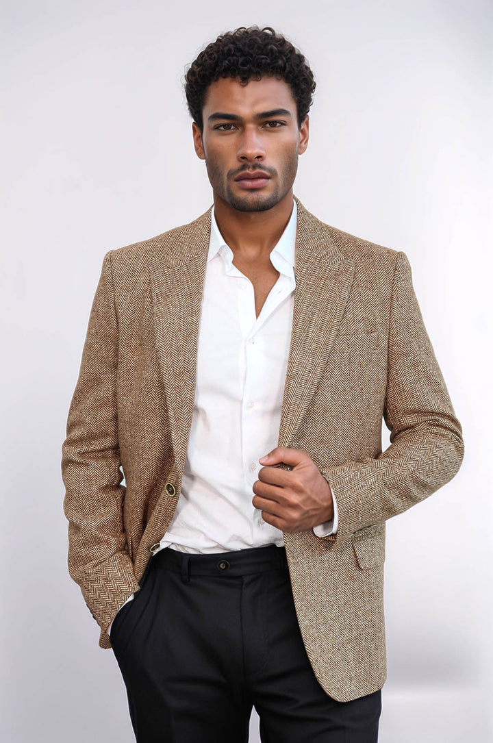 Blazer de hombre en color marrón claro de lana con estampado de pata de gallo - Wessi
