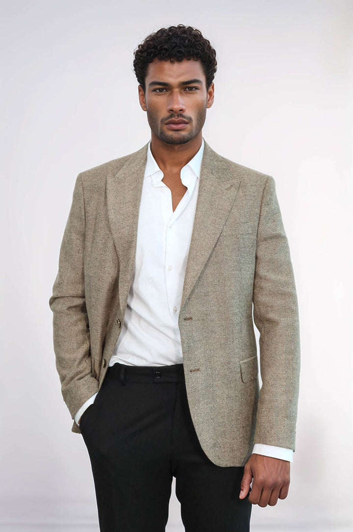 Blazer de lana color crema con estampado de pata de gallo para hombre - Wessi