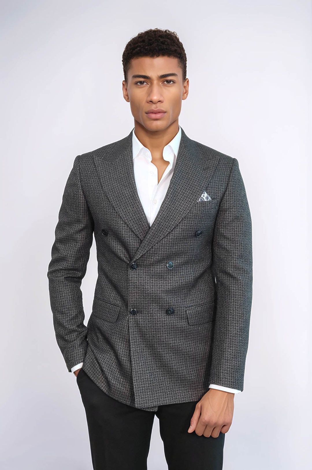 Blazer cruzado para hombre en gris con estampado de pata de gallo - Wessi
