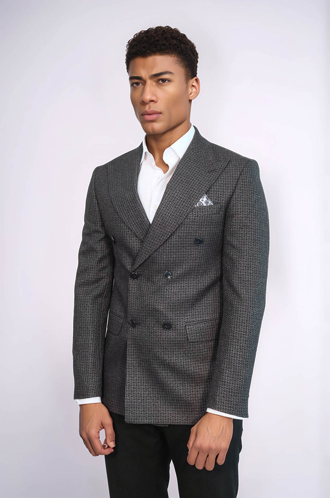 Blazer cruzado para hombre en gris con estampado de pata de gallo - Wessi