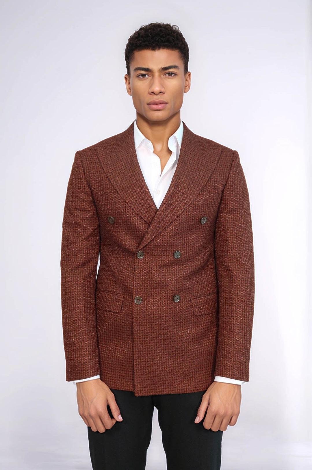 Blazer cruzado marrón con estampado de pata de gallo para hombre - Wessi