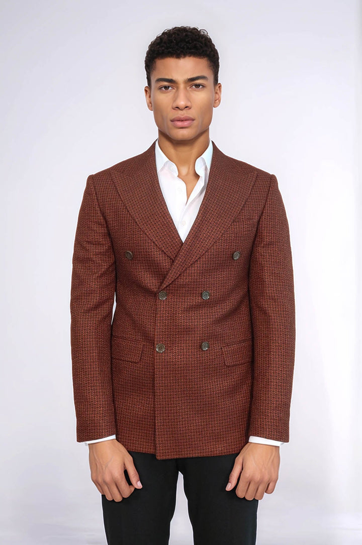 Blazer cruzado marrón con estampado de pata de gallo para hombre - Wessi