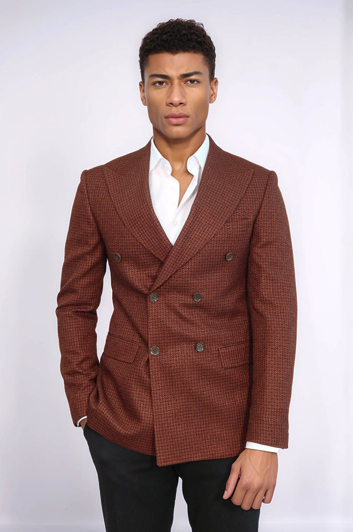 Blazer cruzado marrón con estampado de pata de gallo para hombre - Wessi