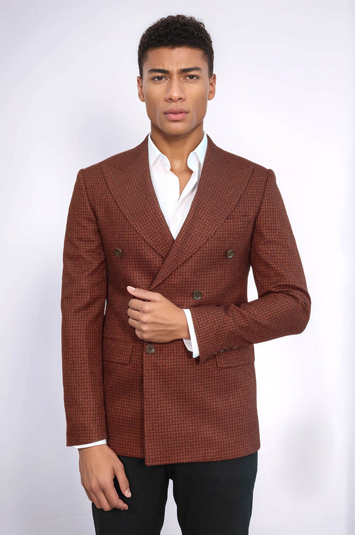 Blazer cruzado marrón con estampado de pata de gallo para hombre - Wessi