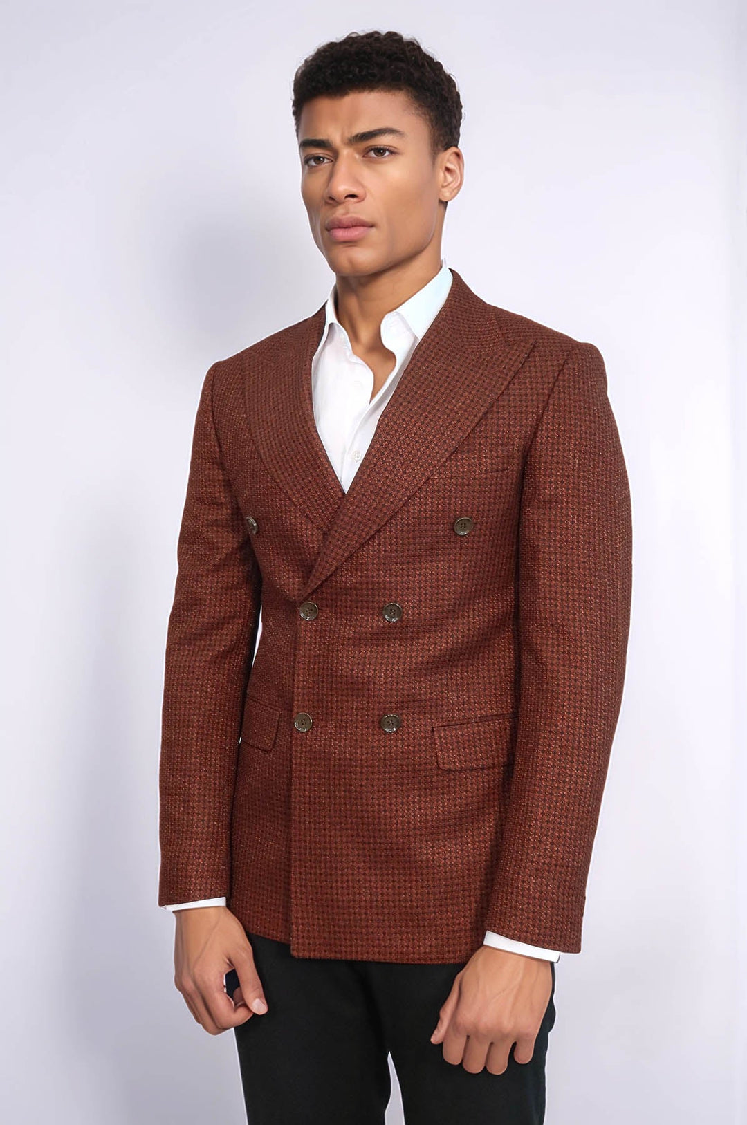 Blazer cruzado marrón con estampado de pata de gallo para hombre - Wessi