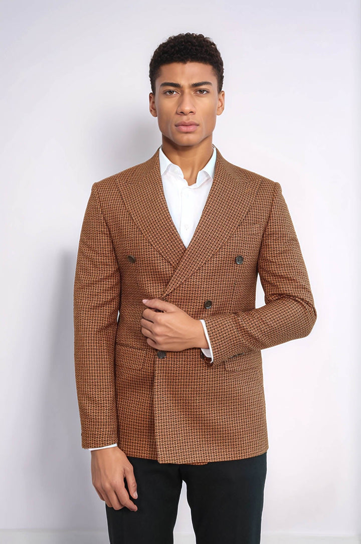 Blazer cruzado para hombre con estampado de pata de gallo en tono leonado - Wessi