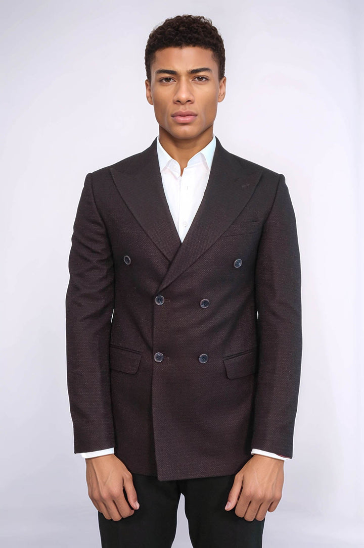 بليزر رجالي مزدوج الصدر منقوش بنقشة Houndstooth باللون العنابي - Wessi