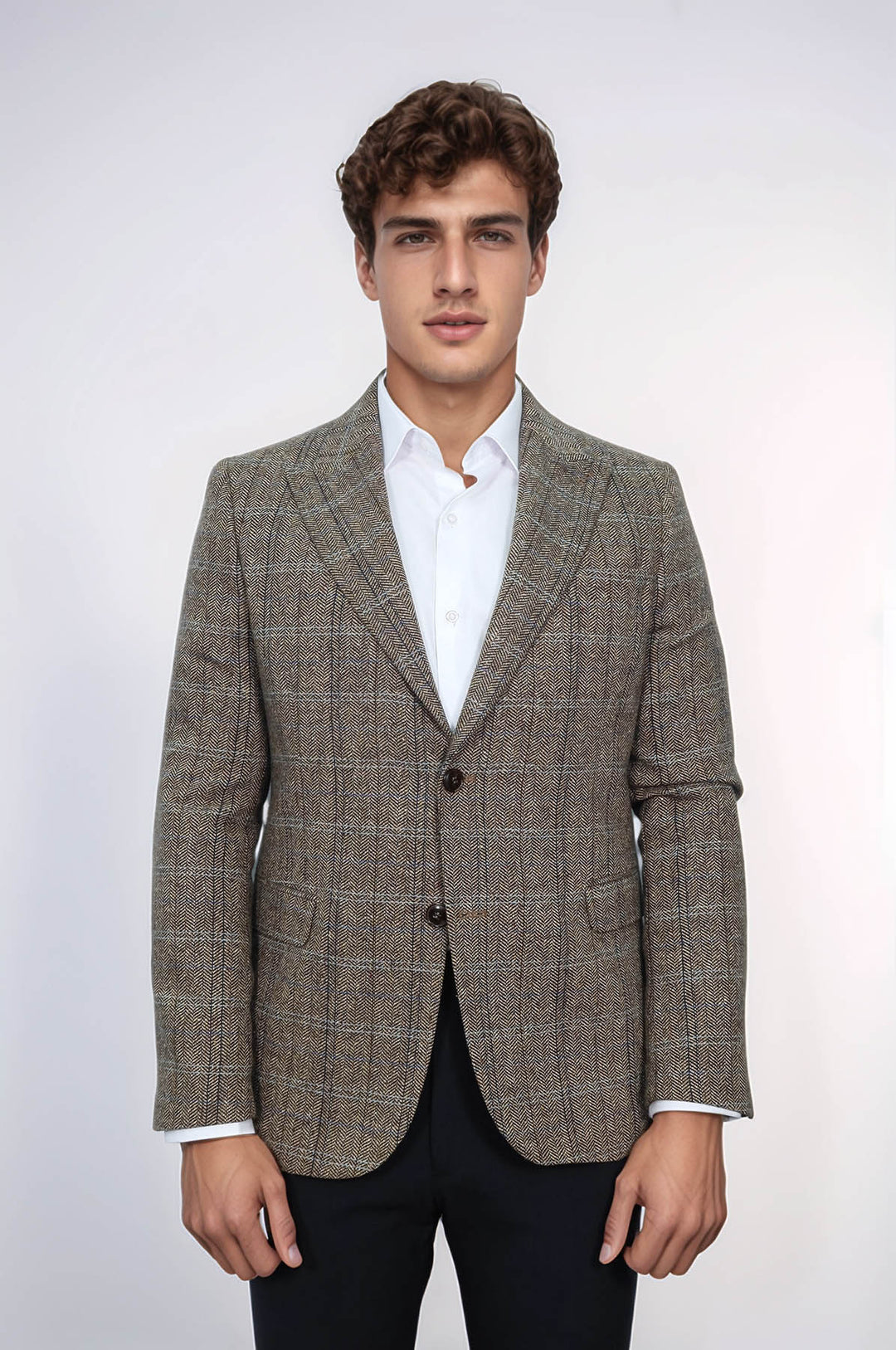 Blazer de lana marrón de corte entallado con diseño de espiga para hombre - Wessi