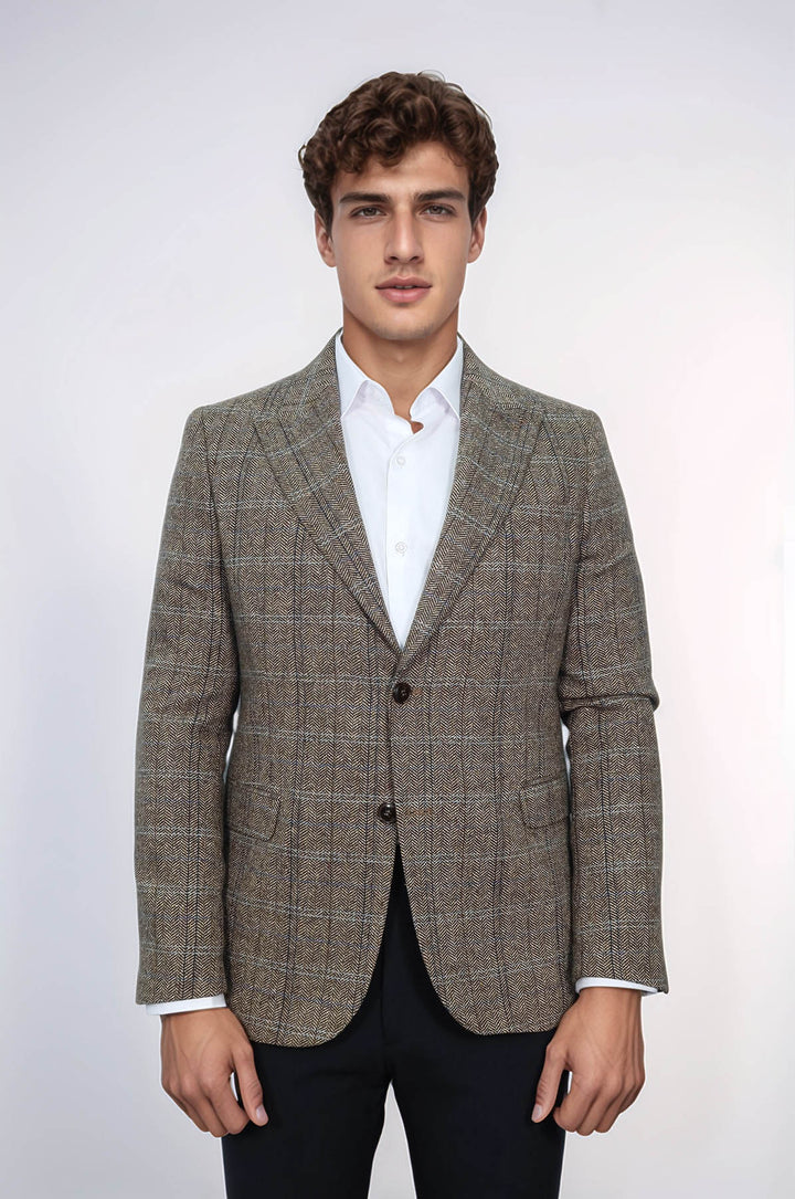 Blazer de lana marrón de corte entallado con diseño de espiga para hombre - Wessi