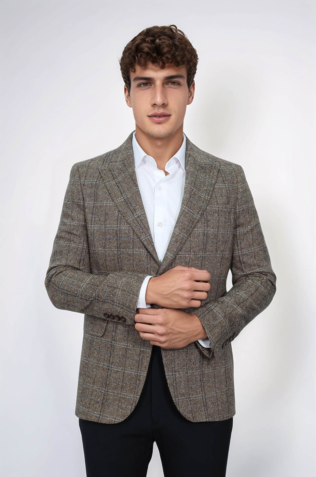 Blazer de lana marrón de corte entallado con diseño de espiga para hombre - Wessi