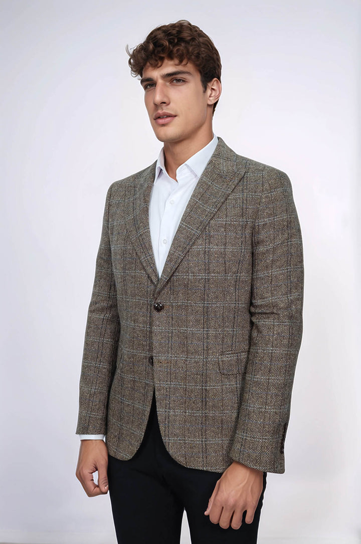 Blazer de lana marrón de corte entallado con diseño de espiga para hombre - Wessi