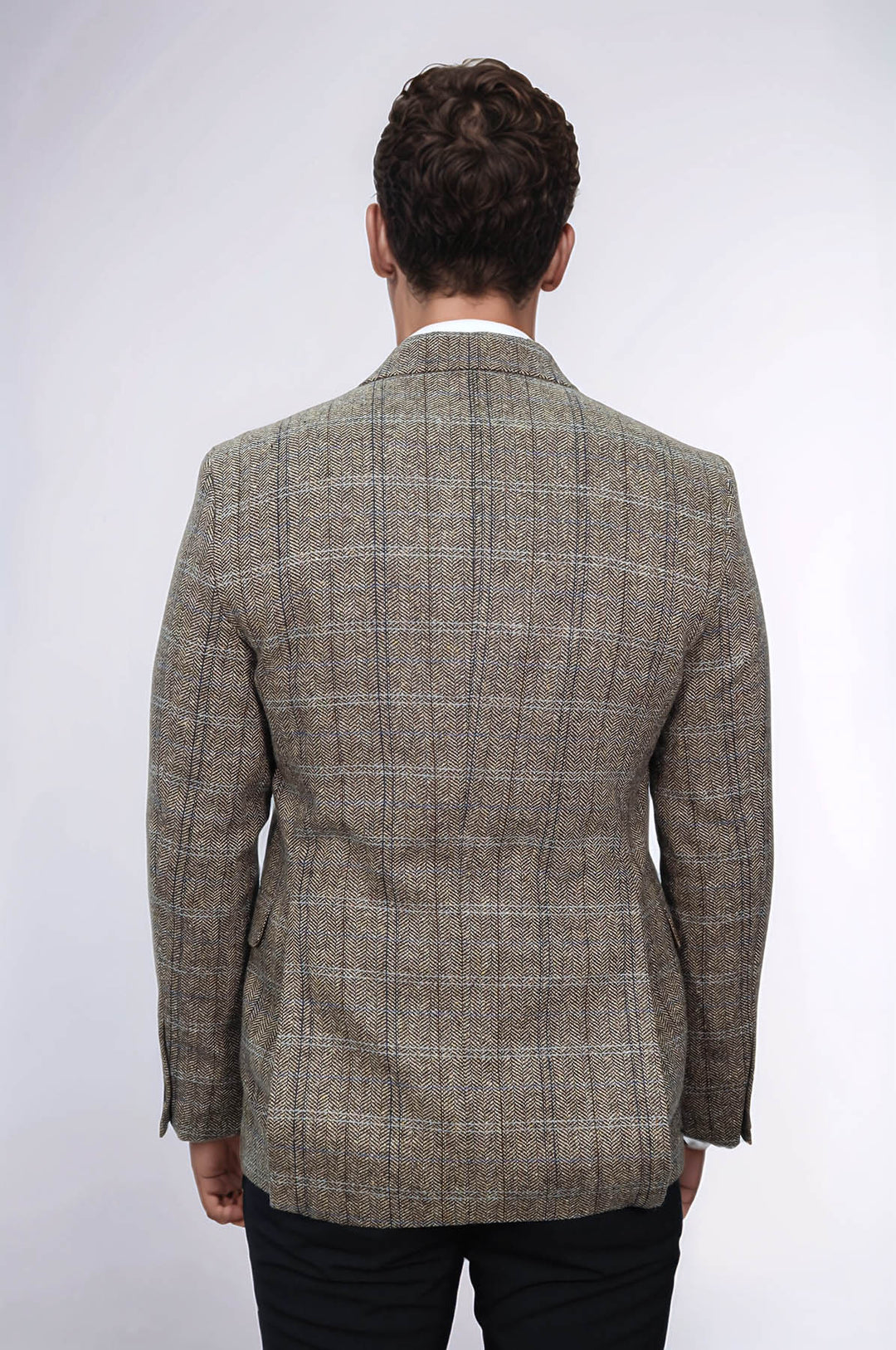 Blazer de lana marrón de corte entallado con diseño de espiga para hombre - Wessi