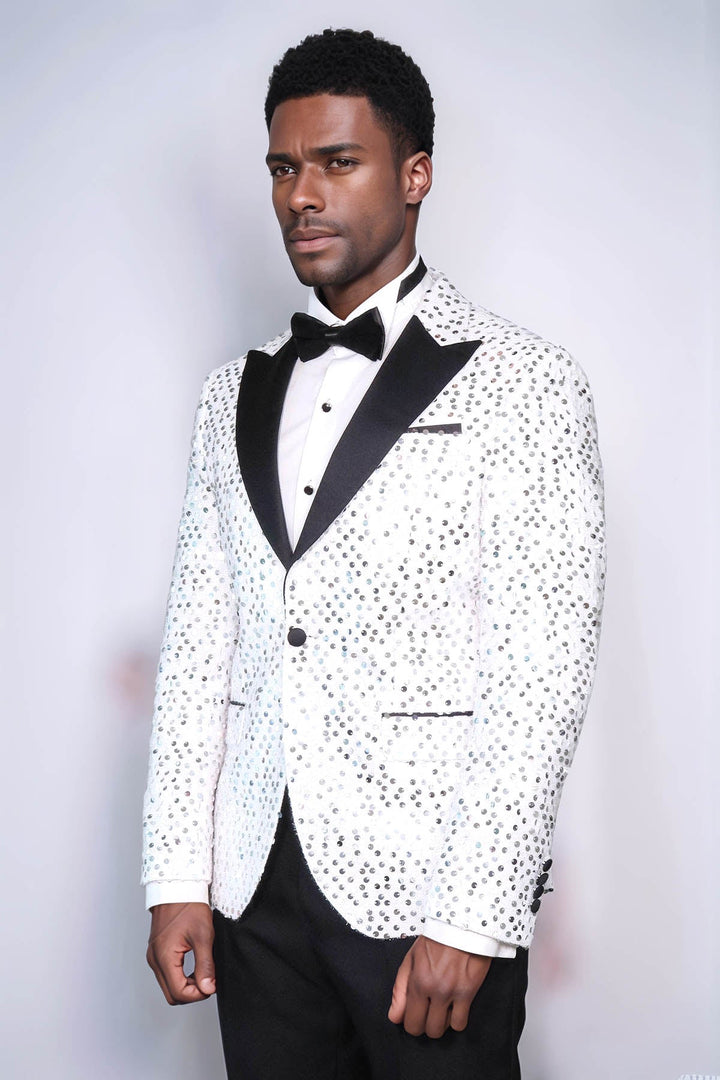 Glitter Pattern White Men Prom Blazer - Wessi