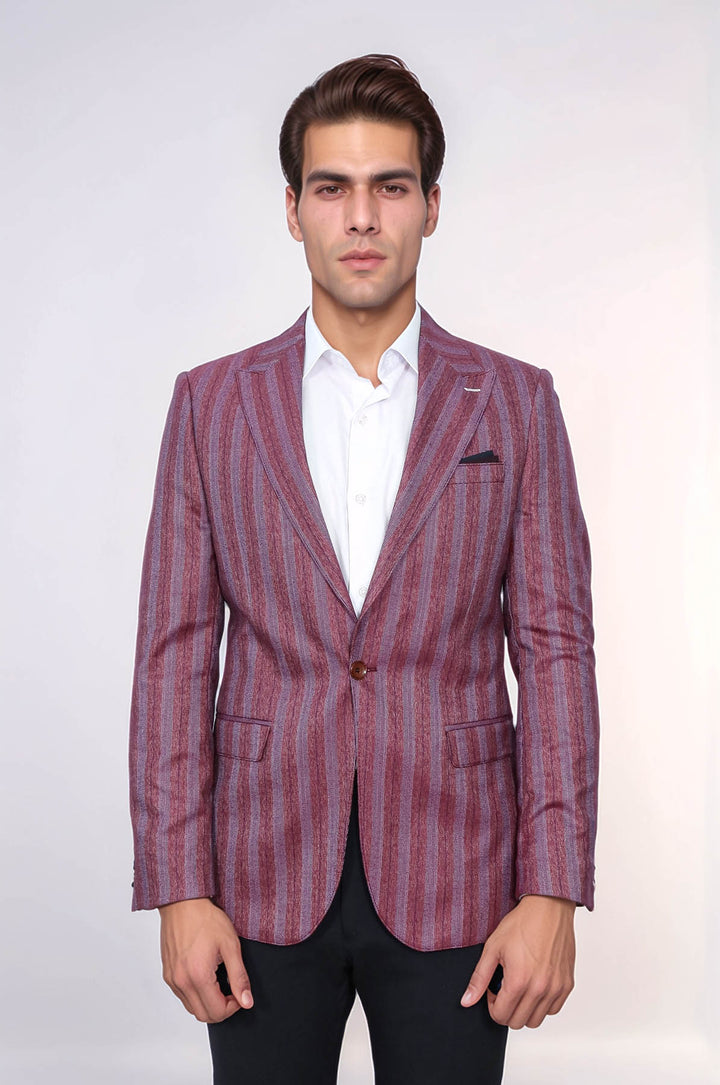Blazer de hombre de corte entallado a rayas de color burdeos con un solo botón - Wessi