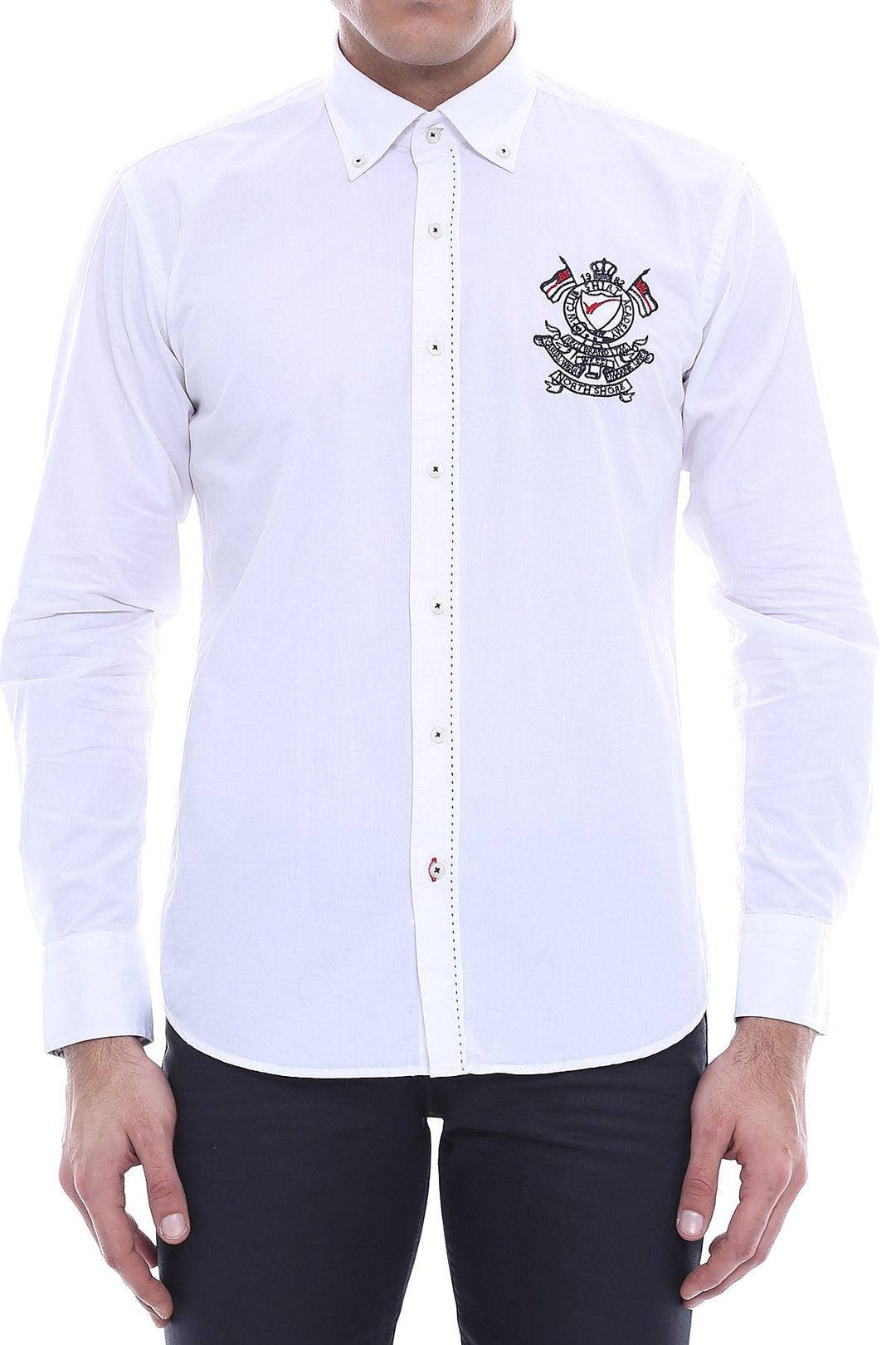 Burgundy Embroidery Pattern Long Sleeves White Men Shirt - Wessi