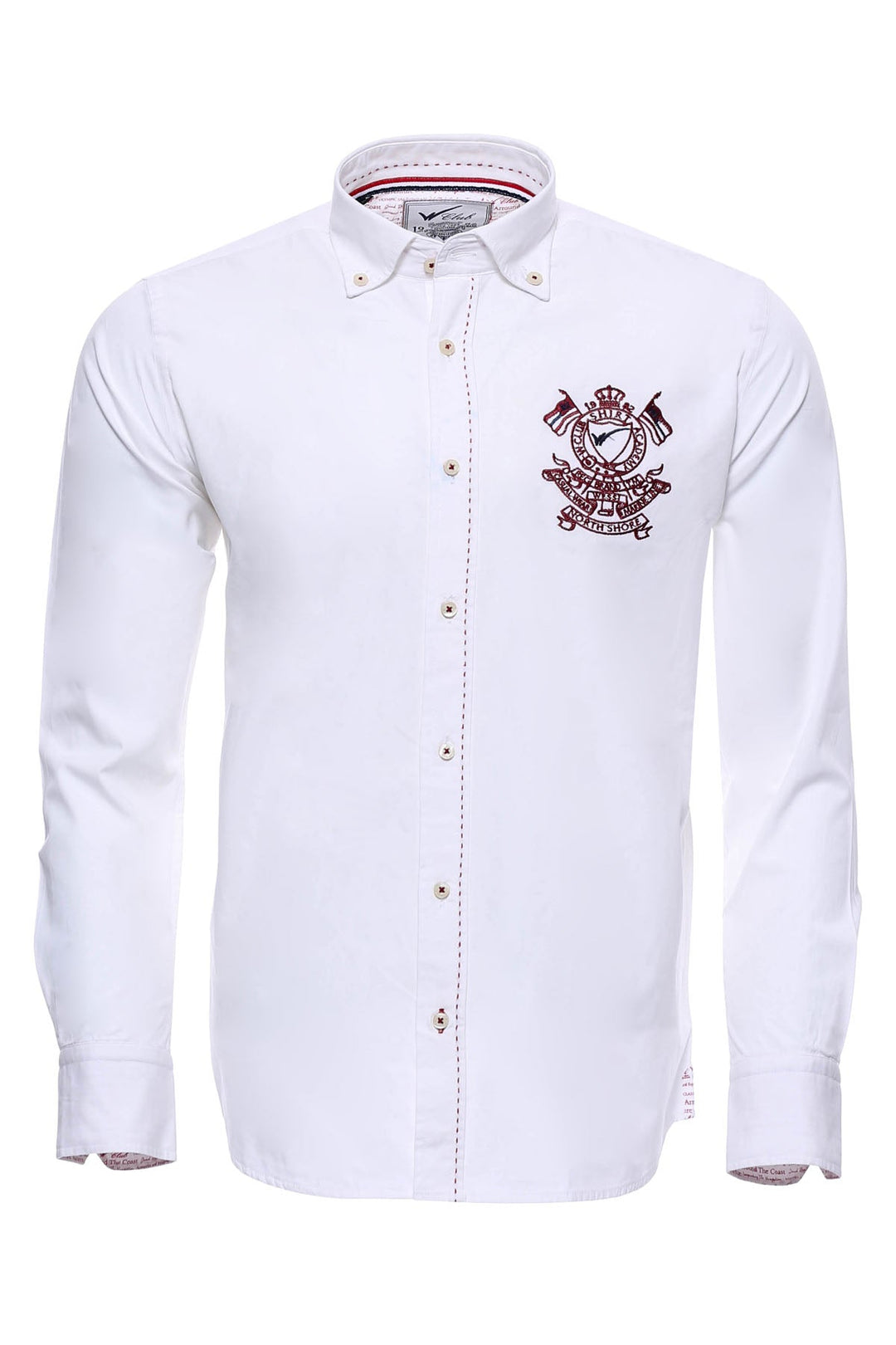 Burgundy Embroidery Pattern Long Sleeves White Men Shirt - Wessi