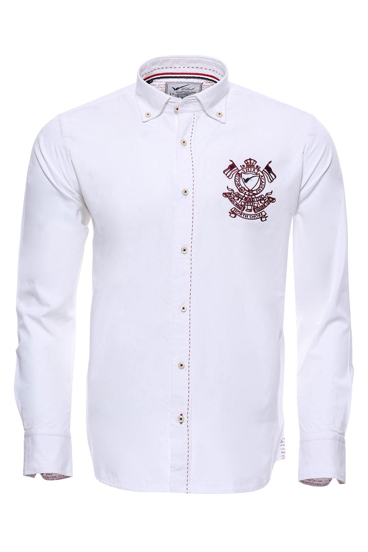 Burgundy Embroidery Pattern Long Sleeves White Men Shirt - Wessi
