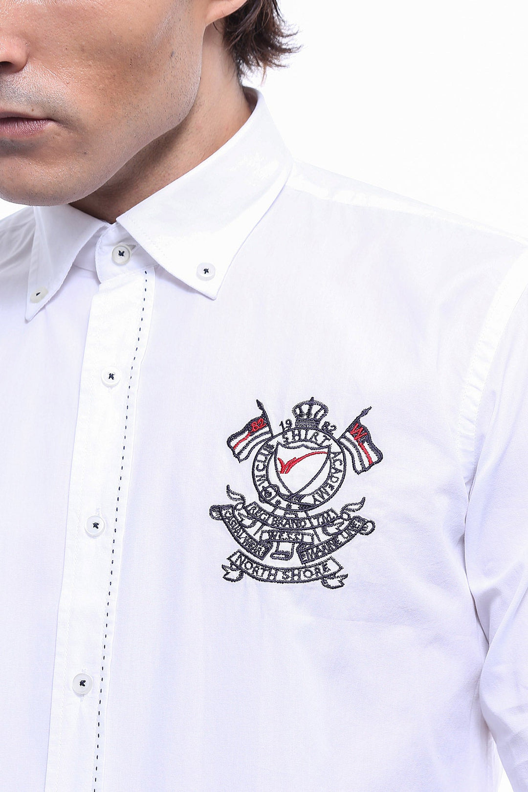 Burgundy Embroidery Pattern Long Sleeves White Men Shirt - Wessi