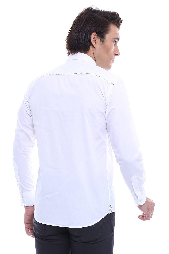 Burgundy Embroidery Pattern Long Sleeves White Men Shirt - Wessi