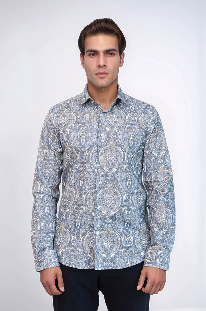 Camisa azul de corte entallado con estampado de damasco - Wessi