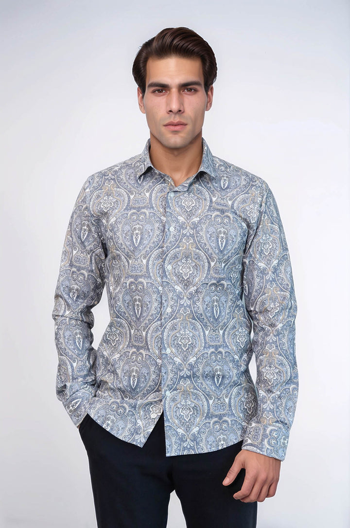 Camisa azul de corte entallado con estampado de damasco - Wessi