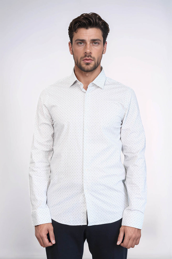 Camisa de hombre en color crudo con corte entallado y estampado de pata de gallo - Wessi