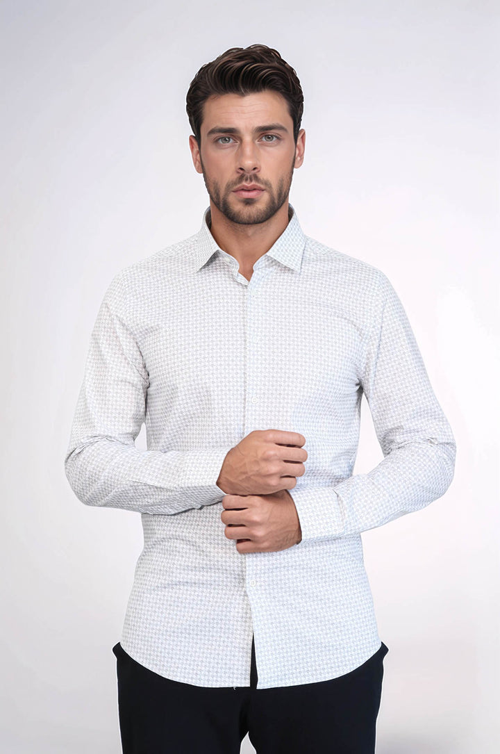 Camisa de hombre en color crudo con corte entallado y estampado de pata de gallo - Wessi