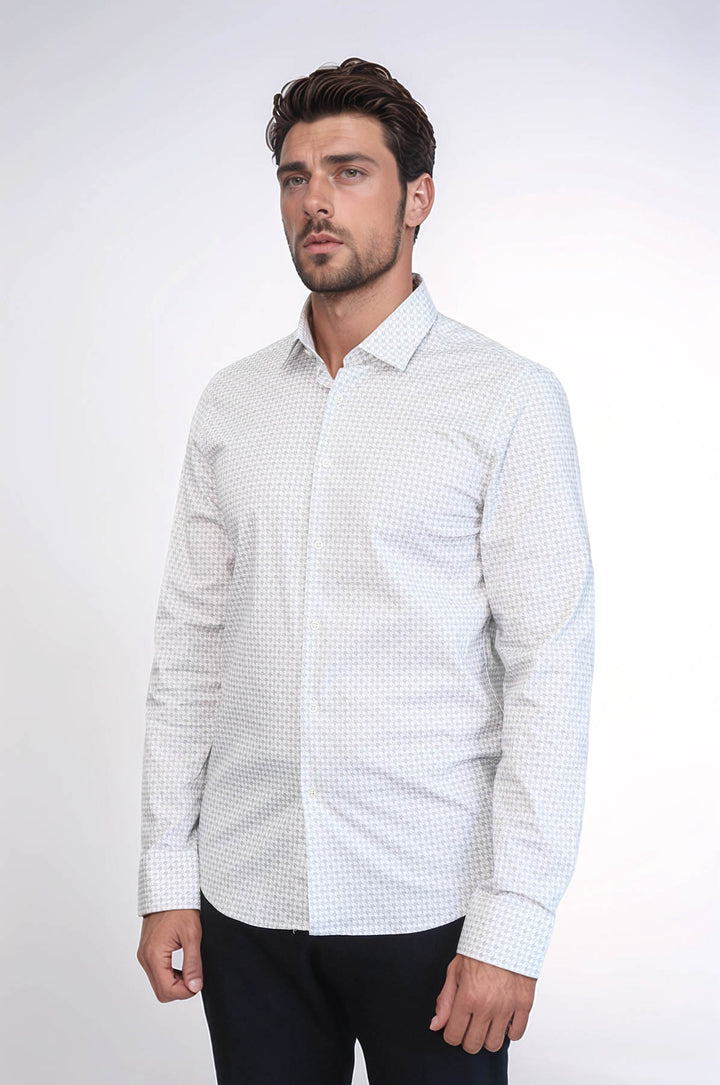 Camisa de hombre en color crudo con corte entallado y estampado de pata de gallo - Wessi