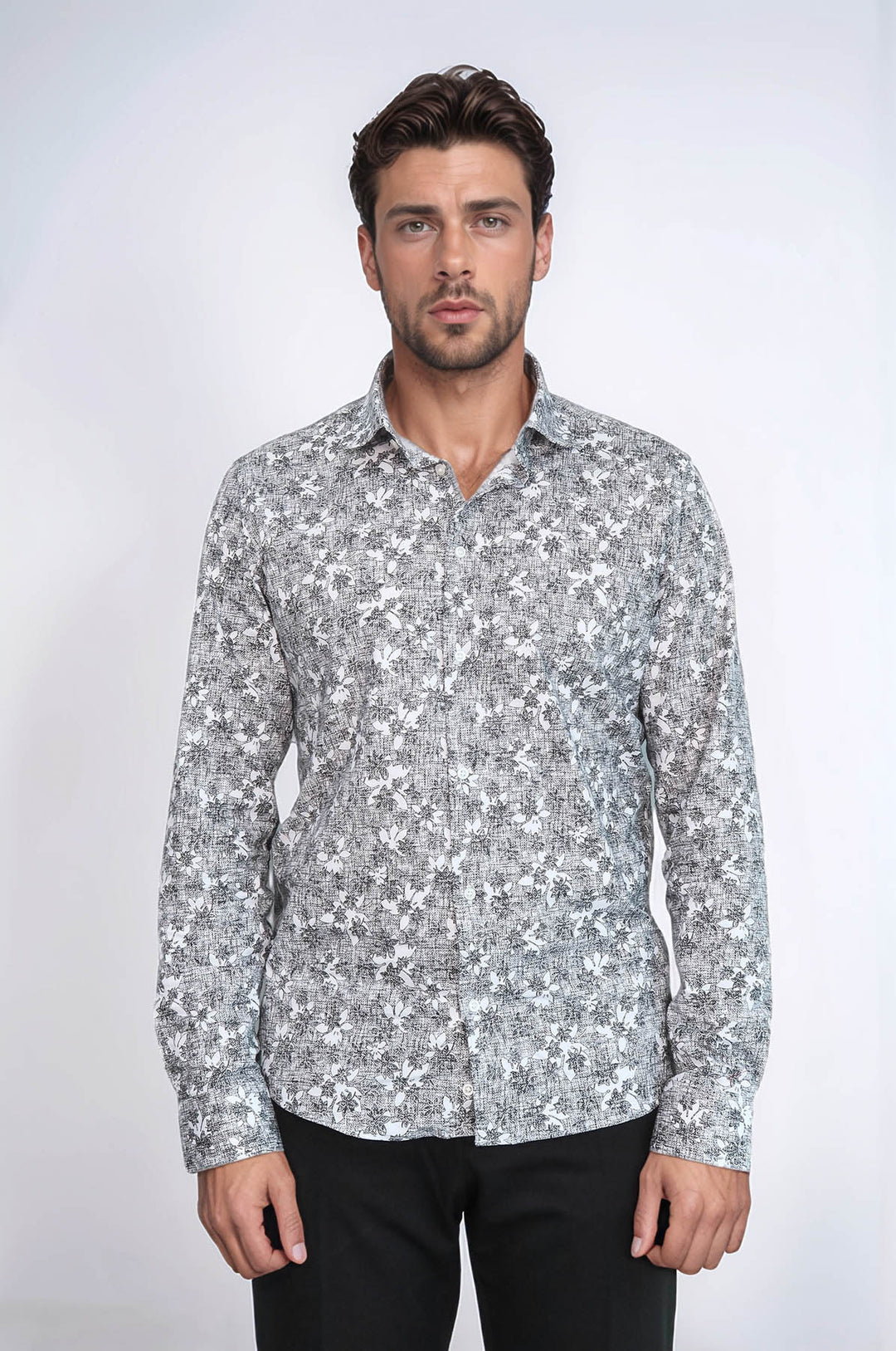 Camisa de hombre gris oscuro de corte entallado con estampado Bloom - Wessi