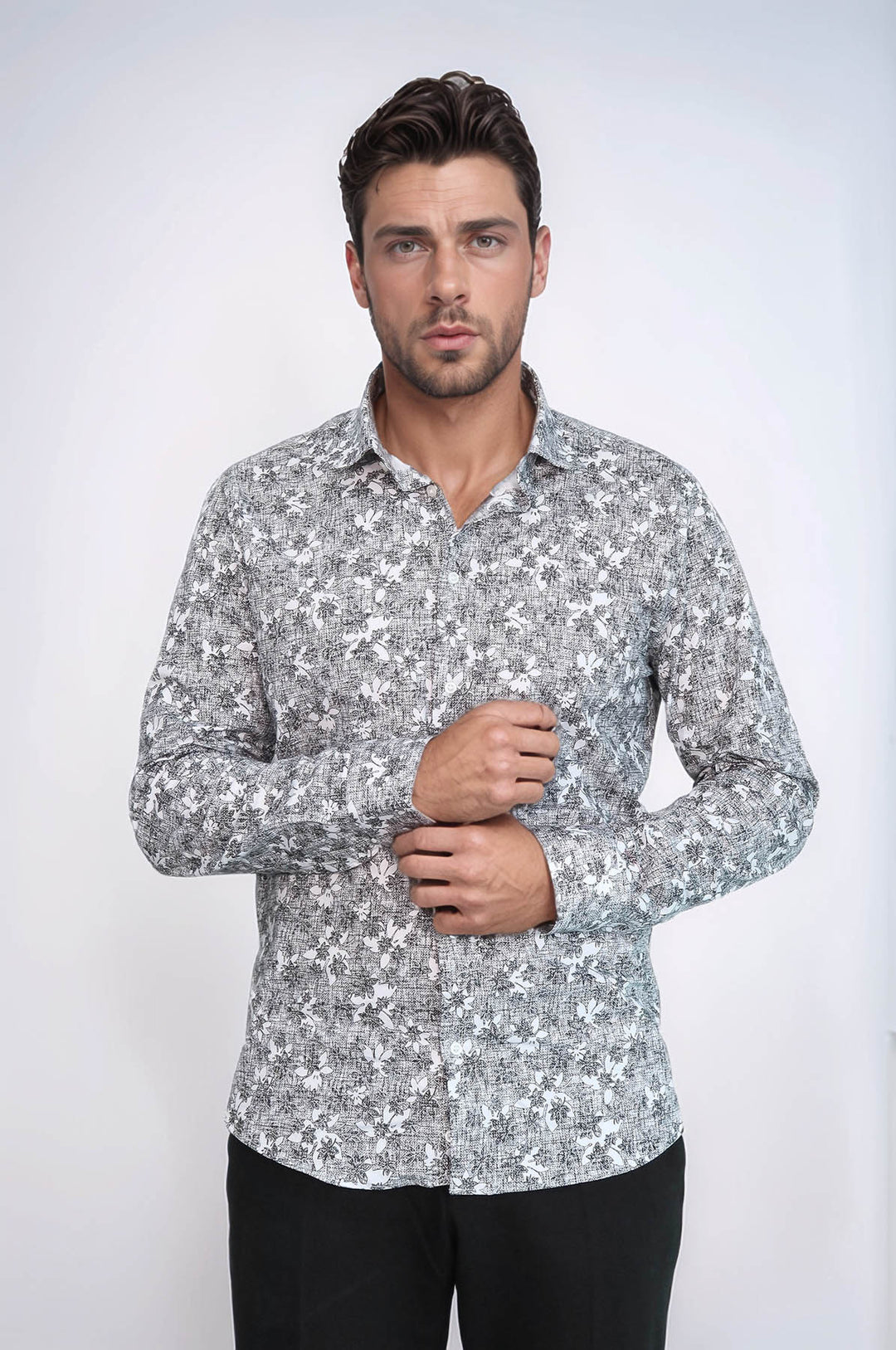 Camisa de hombre gris oscuro de corte entallado con estampado Bloom - Wessi
