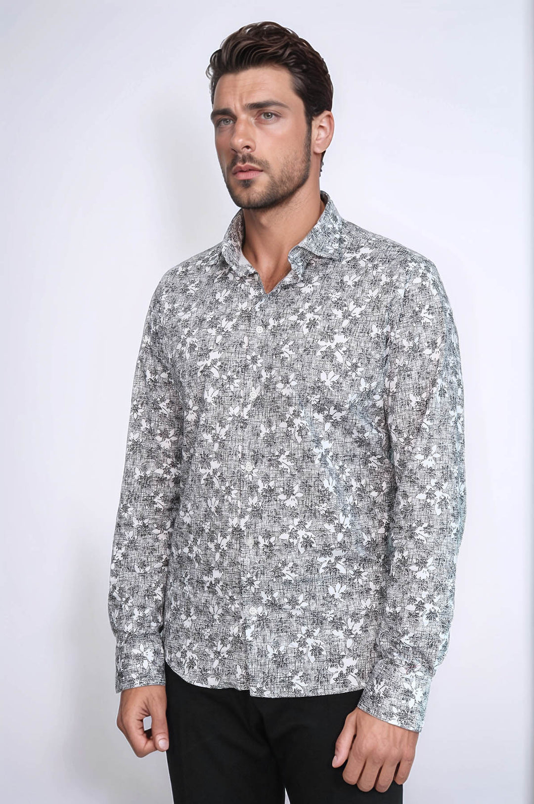 Camisa de hombre gris oscuro de corte entallado con estampado Bloom - Wessi
