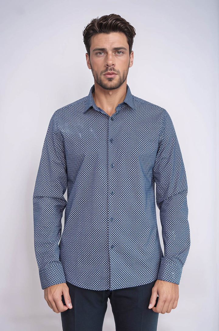 Camisa de hombre azul de corte entallado con estampado de cuadros pequeños - Wessi