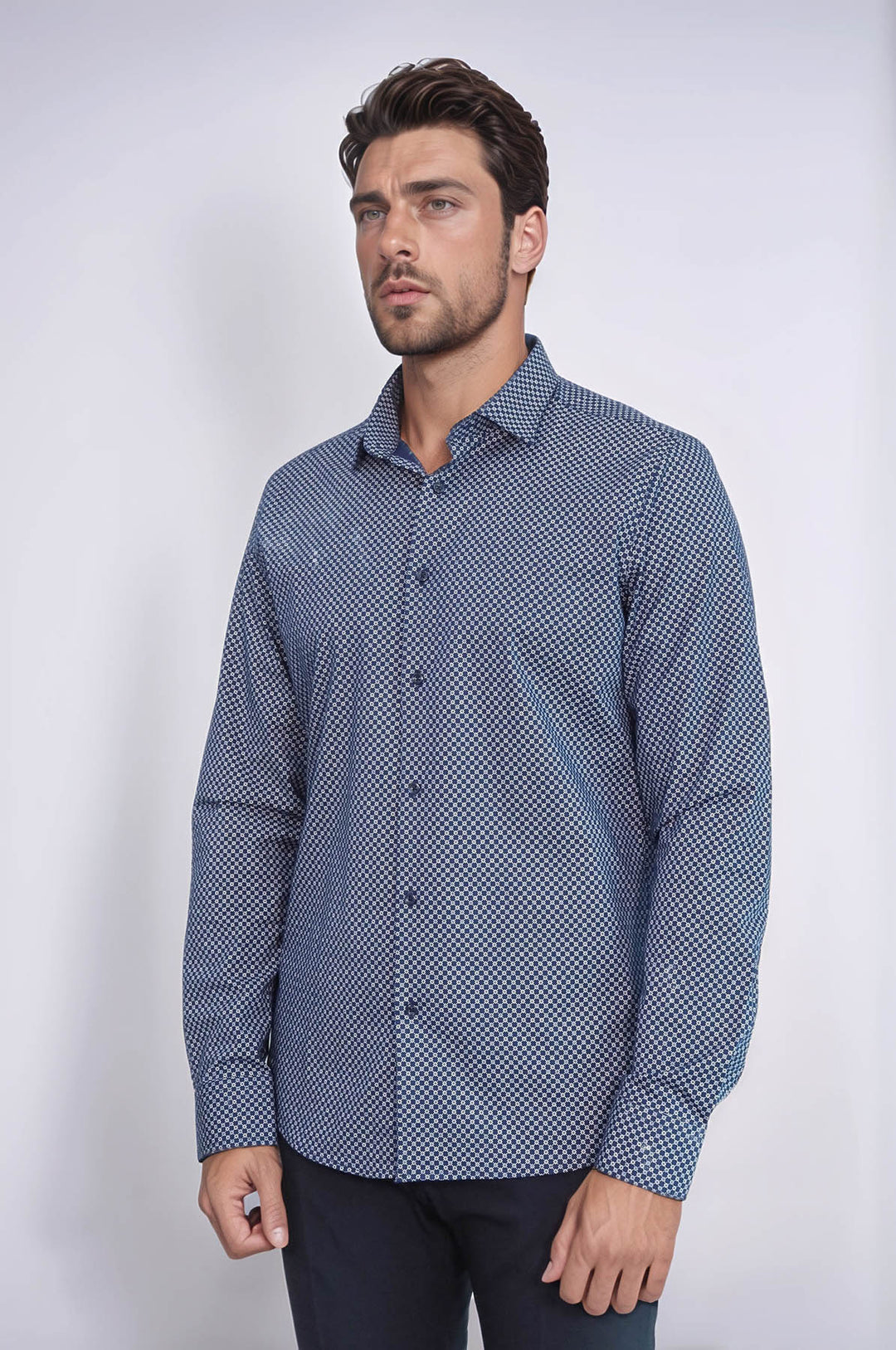 Camisa de hombre azul de corte entallado con estampado de cuadros pequeños - Wessi