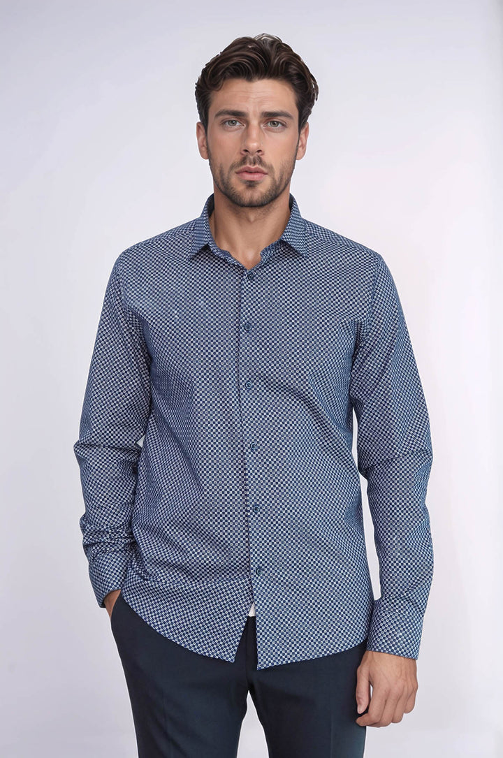 Camisa de hombre azul de corte entallado con estampado de cuadros pequeños - Wessi