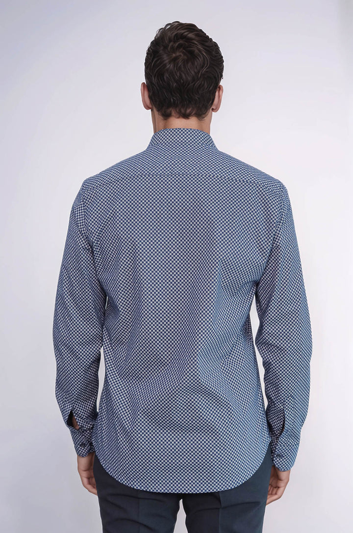 Camisa de hombre azul de corte entallado con estampado de cuadros pequeños - Wessi