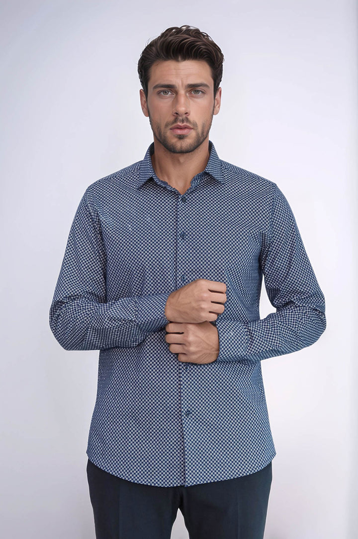 Camisa de hombre azul de corte entallado con estampado de cuadros pequeños - Wessi