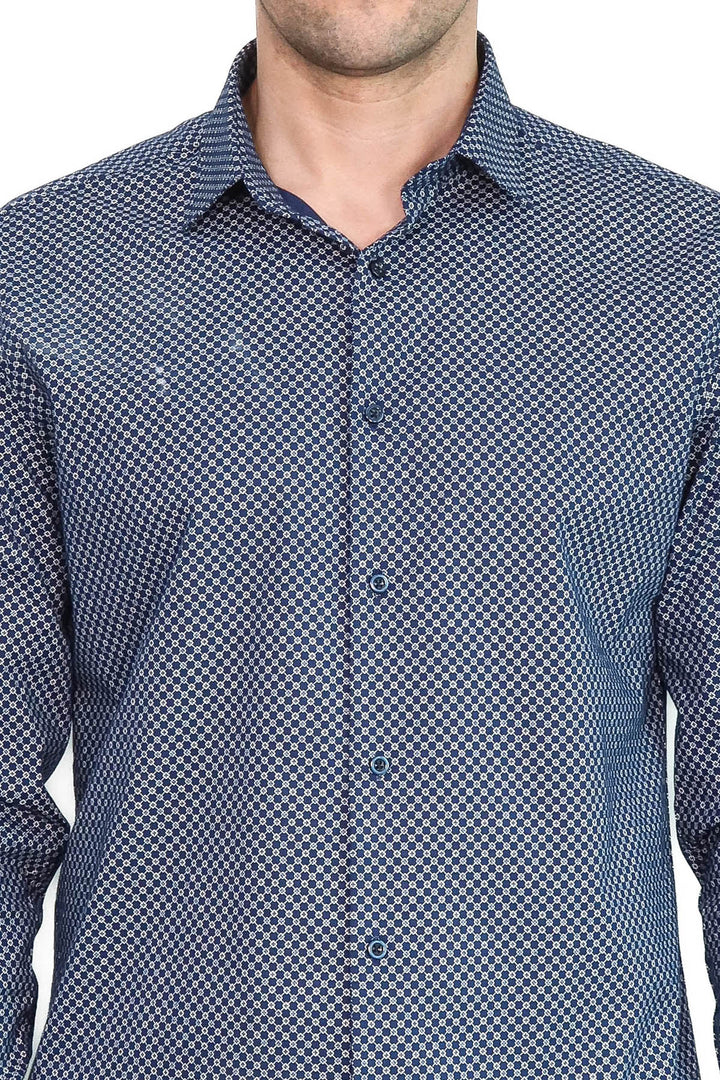 Camisa de hombre azul de corte entallado con estampado de cuadros pequeños - Wessi