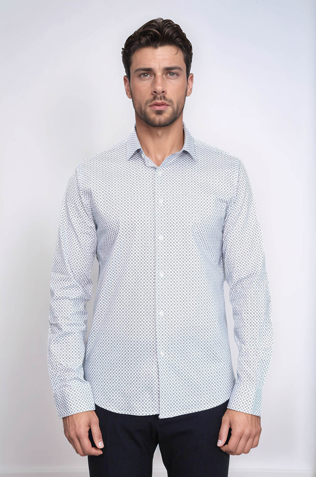 Camisa ajustada con estampado de cuadros diminutos en blanco - Wessi