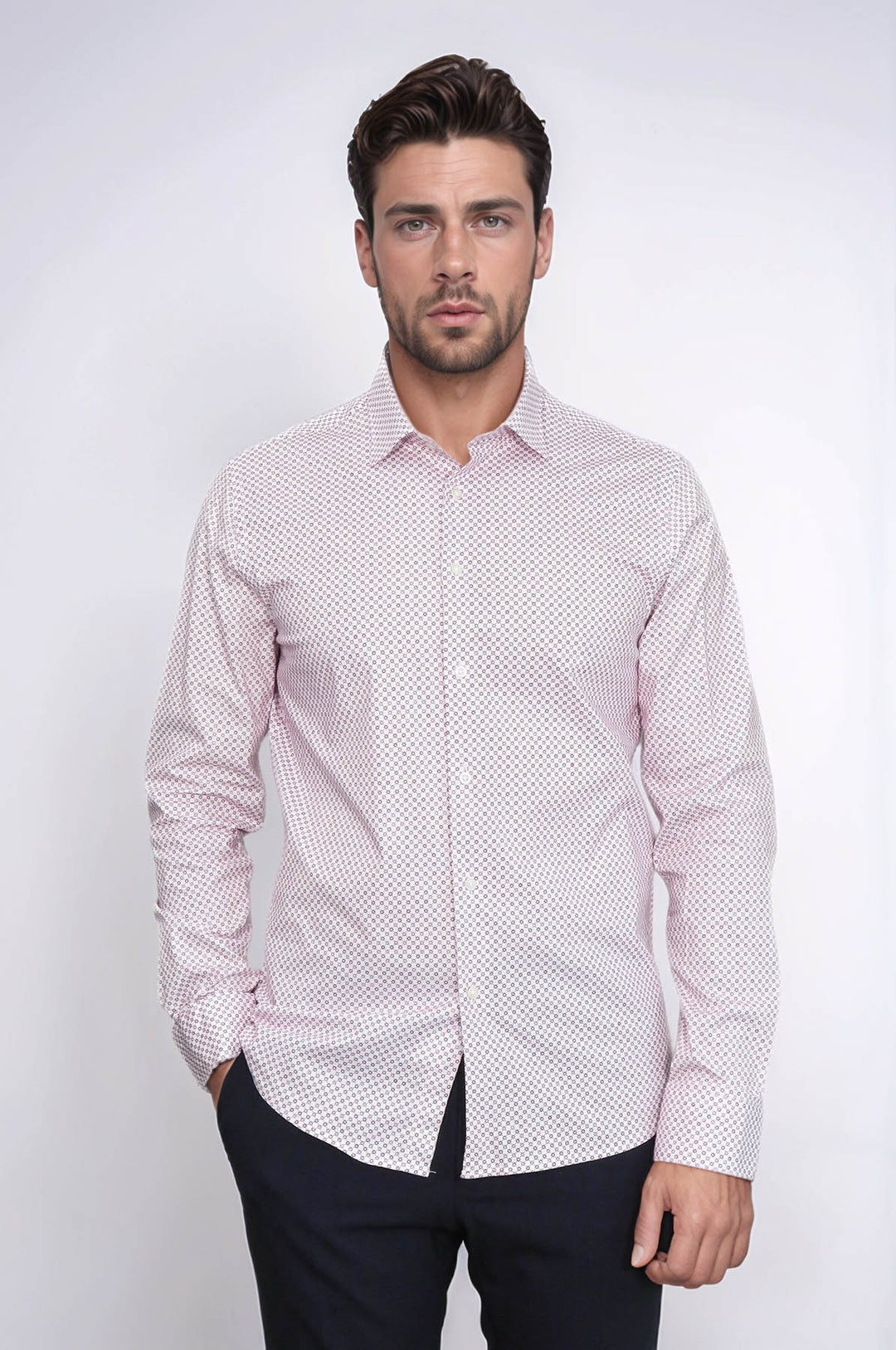 Camisa de hombre de corte entallado con estampado de cuadros pequeños en rojo burdeos - Wessi