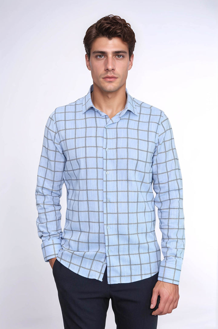 Camisa de cuadros azul de corte entallado para hombre - Wessi