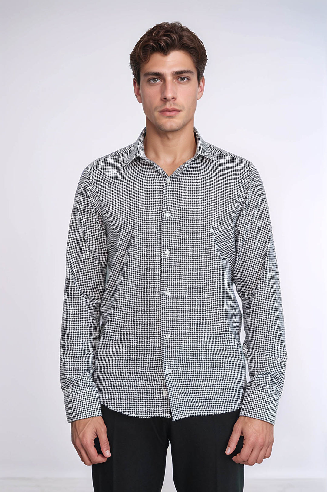 Camisa negra con estampado de pata de gallo para hombre - Wessi