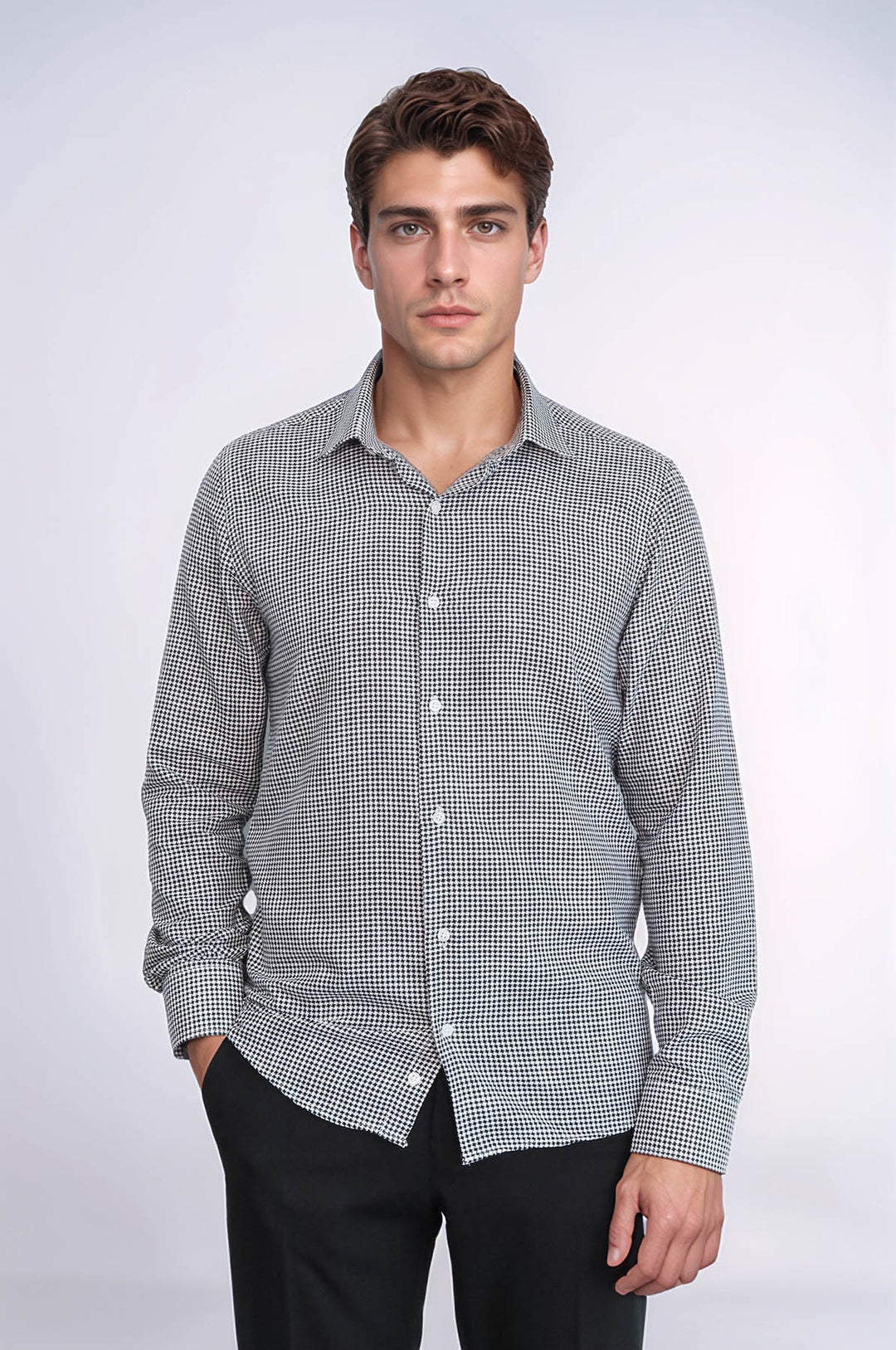 Camisa negra con estampado de pata de gallo para hombre - Wessi