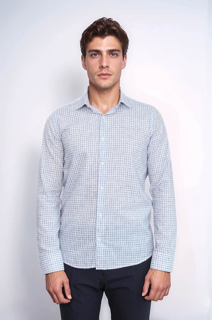 Camisa azul marino de corte entallado a cuadros para hombre - Wessi