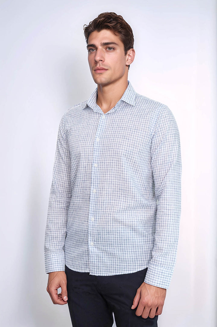 Camisa azul marino de corte entallado a cuadros para hombre - Wessi