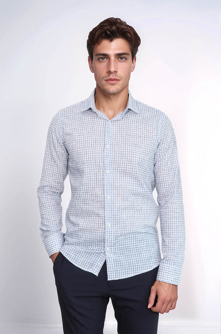 Camisa azul marino de corte entallado a cuadros para hombre - Wessi