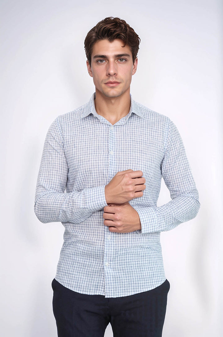 Camisa azul marino de corte entallado a cuadros para hombre - Wessi