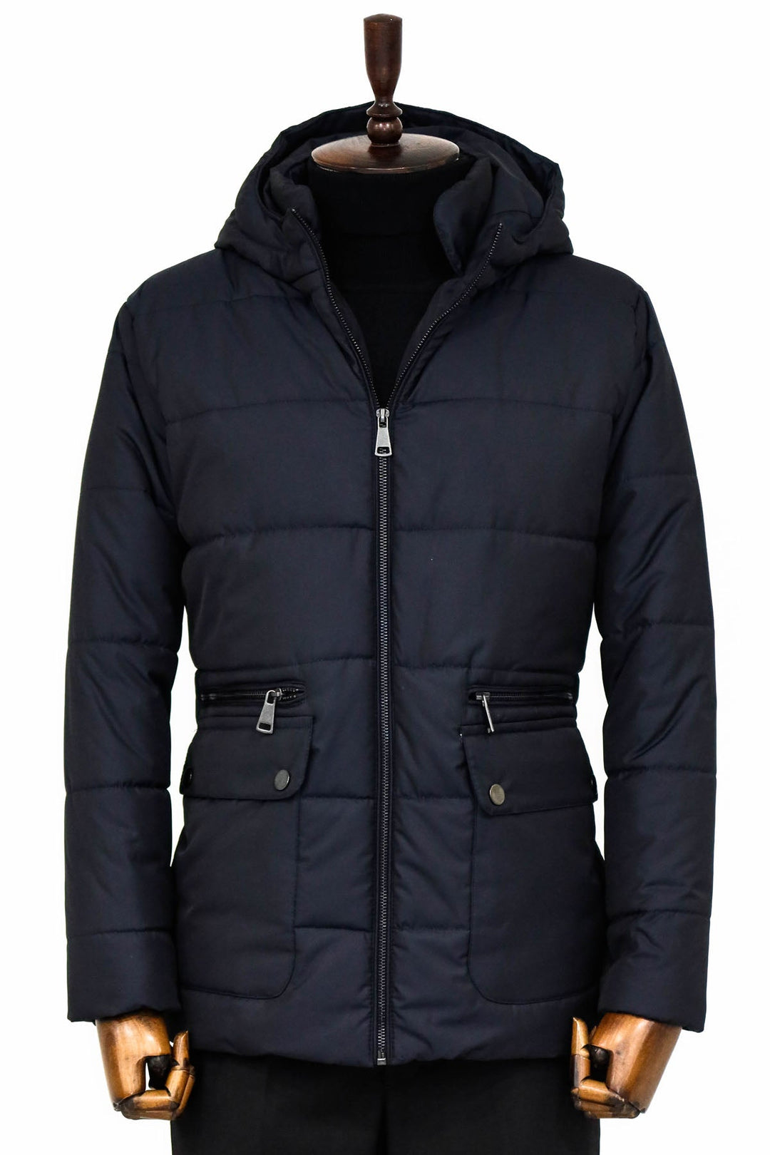 4 Pockets Hooded Zippered Quilted Navy Blue Men Down Coat