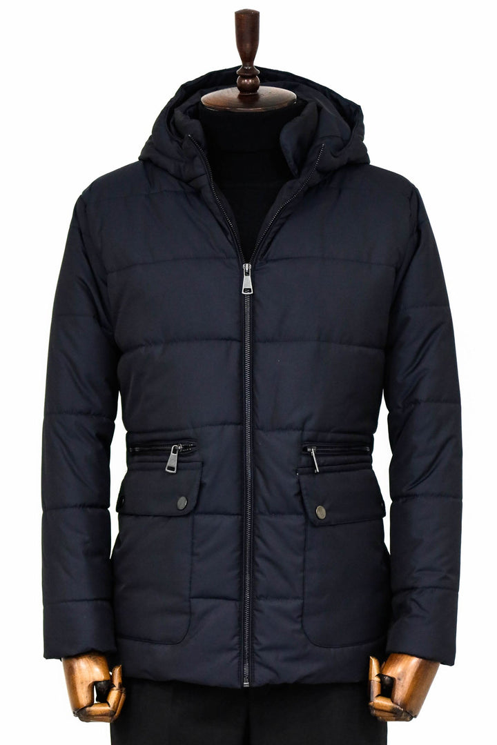 4 Pockets Hooded Zippered Quilted Navy Blue Men Down Coat
