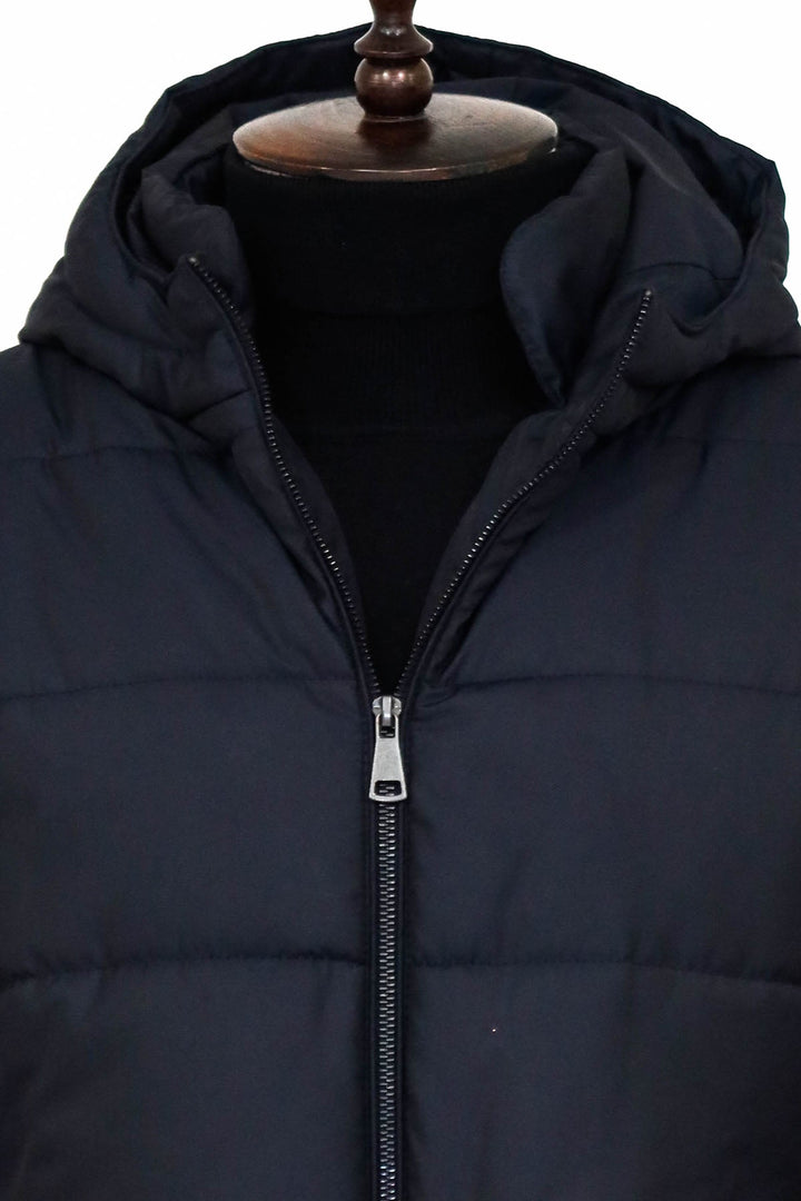 4 Pockets Hooded Zippered Quilted Navy Blue Men Down Coat
